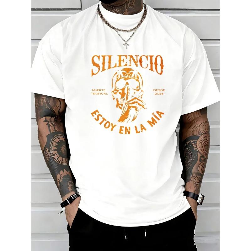 Men's Vintage Spanish Gothic T-Shirt - Distressed Skull & Letter Print Streetwear Tee, Breathable Short Sleeve Round Neck Top Suitable for Summer
