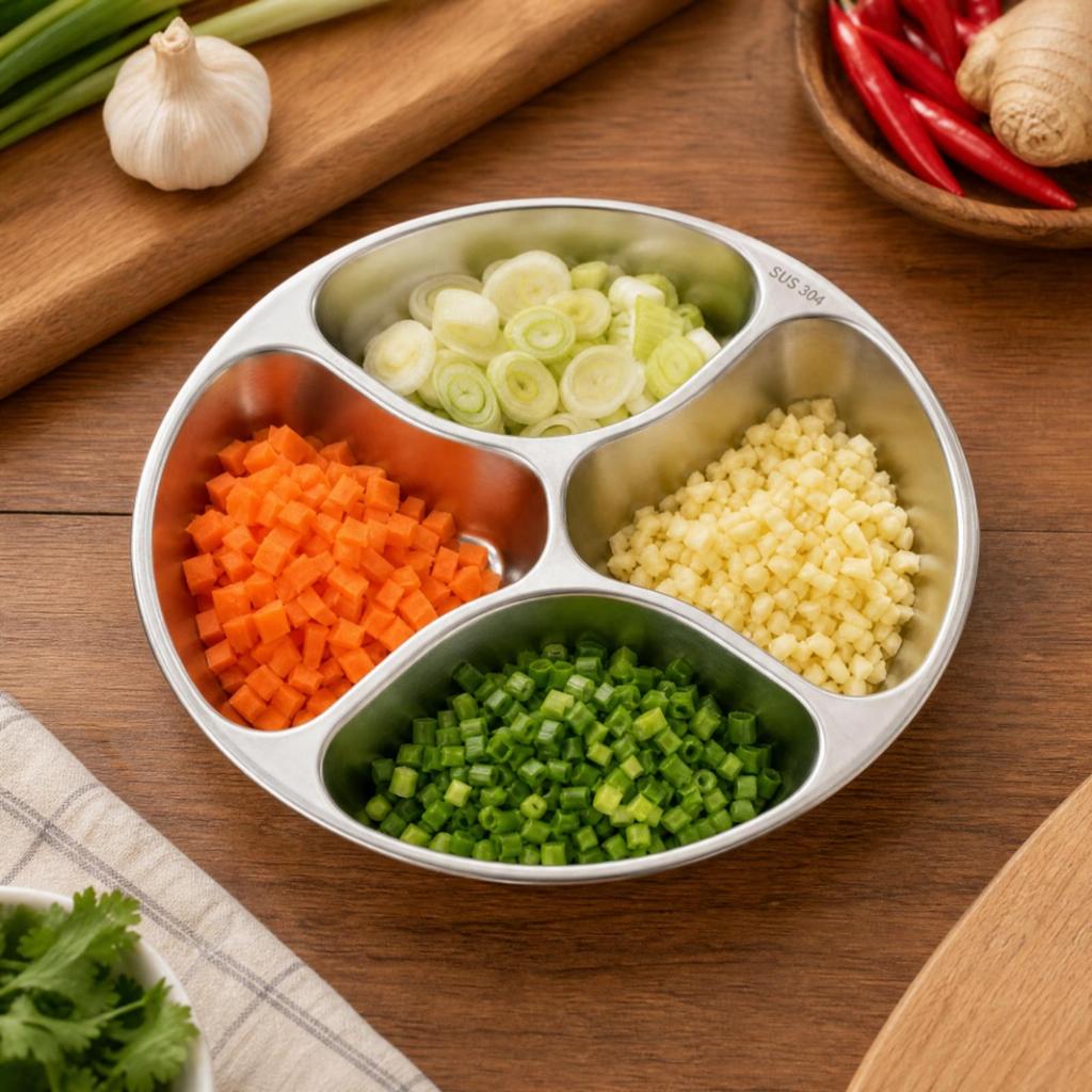 Prep Plate with Four Compartments Reusable for Condiment Organization