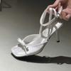 New square toe ankle strap silver satin bow high heel cool slippers thin heel open-toed women's sandals