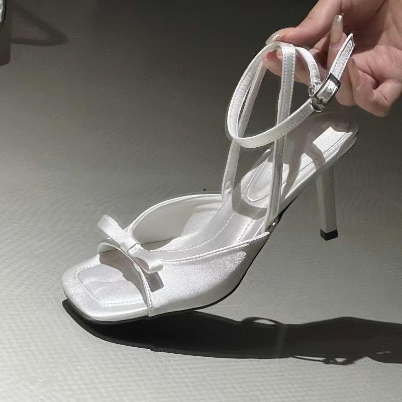 New square toe ankle strap silver satin bow high heel cool slippers thin heel open-toed women's sandals