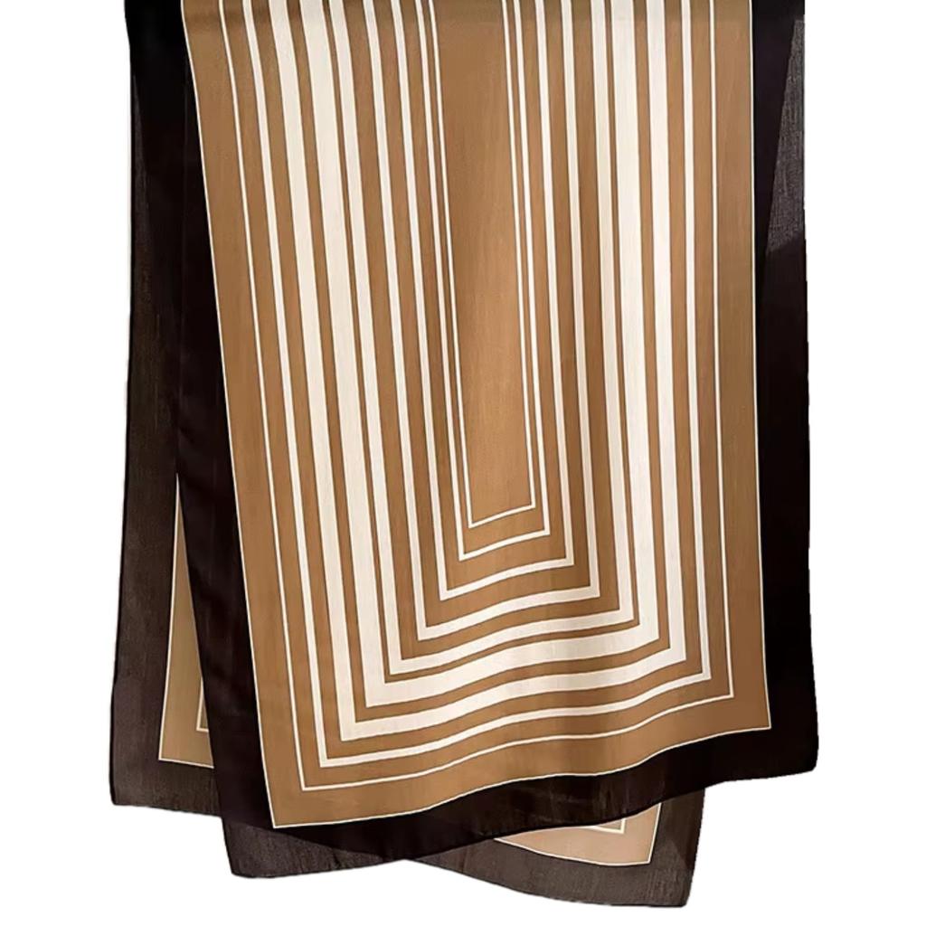 Beige-Brown Geometric Striped Scarf - 100% Viscose, 178X66