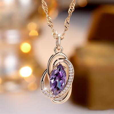 Purple Zircon Hollow Oval Pendant Necklace for Women Gold Color Water Wave Chain Vintage Wedding Jewelry