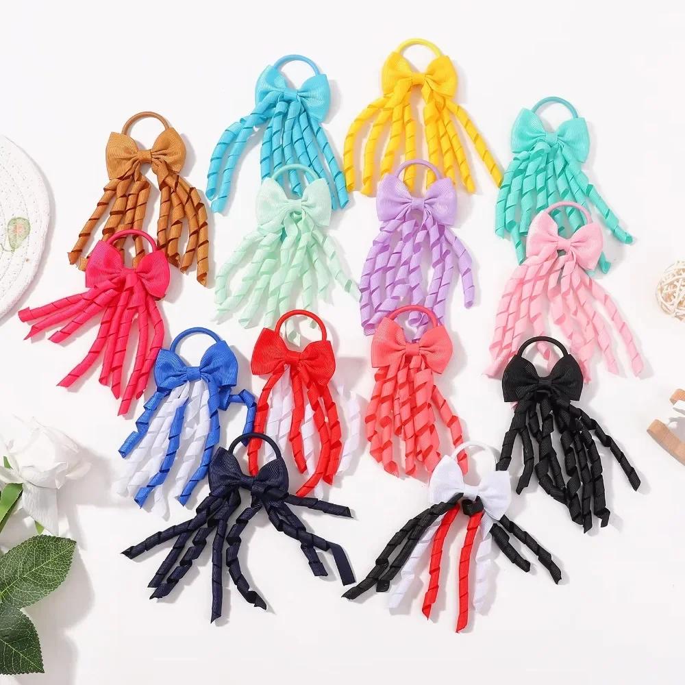 RAINBOW BOWS Grosgrain Ribbon Long Hair Ties Bows for Baby Girls Curly Hair Bows Elastic Colorful Kids Hair Band 2Pcs/lot Whole