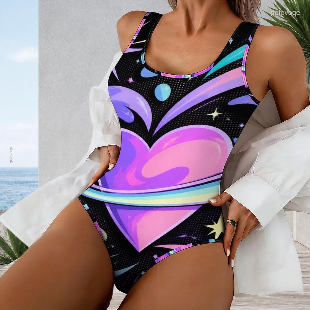 Women Plus Size U Neck Sleeveless One Piece Swimsuit Black Purple Pink Galaxy Heart Print