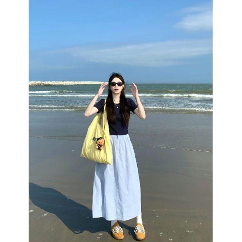 

Kumikumi Fashion Set Solid round Neck Short sleeve T-shirt Women Summer High Waist Skirt Large Swing Skirt Two-piece Set T-shirt L