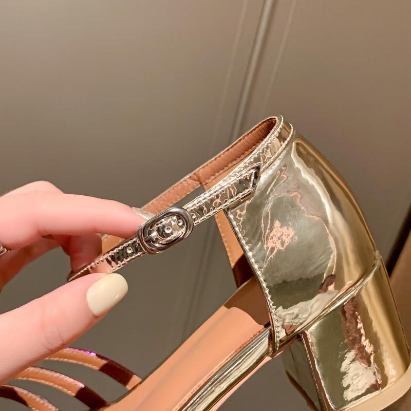 Fashion Women's New Leather and Cowhide Color Blocked Comfortable and Breathable Mid Heeled Hooded Roman Fashion Sandals