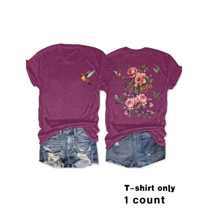 

Женская летняя футболка New Temperament с принтом цветов и птиц, футболка с короткими рукавами XXL красный/фиолетовый