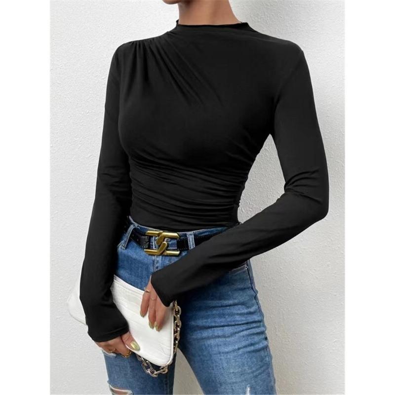Fashion Long Sleeved Pleated Slim Fit Women T-shirt Solid Color Elegant Half Turtleneck Slim-fit Bottoming Tees Shirt Female Solid Color Basic Tops