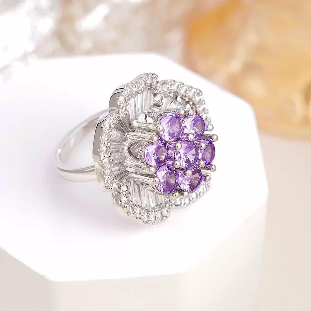 Blue Gem Flower Ring: Women's Handmade Zircon Flower Design, Light Luxury High-End Open Ring Jewelry