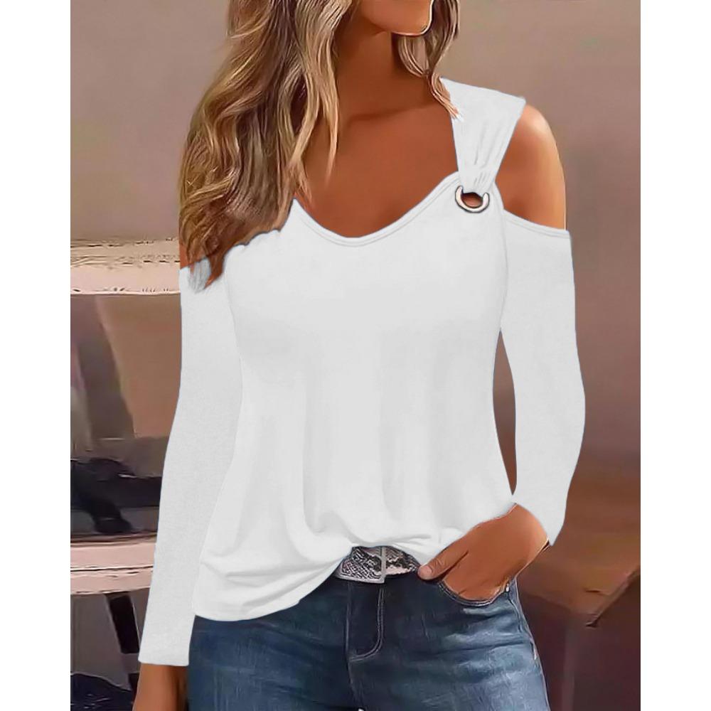 IHUASU Autumn Simple Metal Button V-neck Blouse Blouse Women's O-Neck