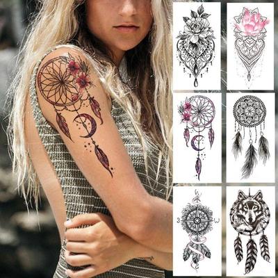 YENI 1 ADET 210*114 MM Dreamcatcher Sahte Geçici Dövme Kadınlar Için Siyah Kına Lotus Çiçekleri Dövmeler Kurt Pusula Tüy Dövmeler Vücut Kol Göğüs Çıkartmalar