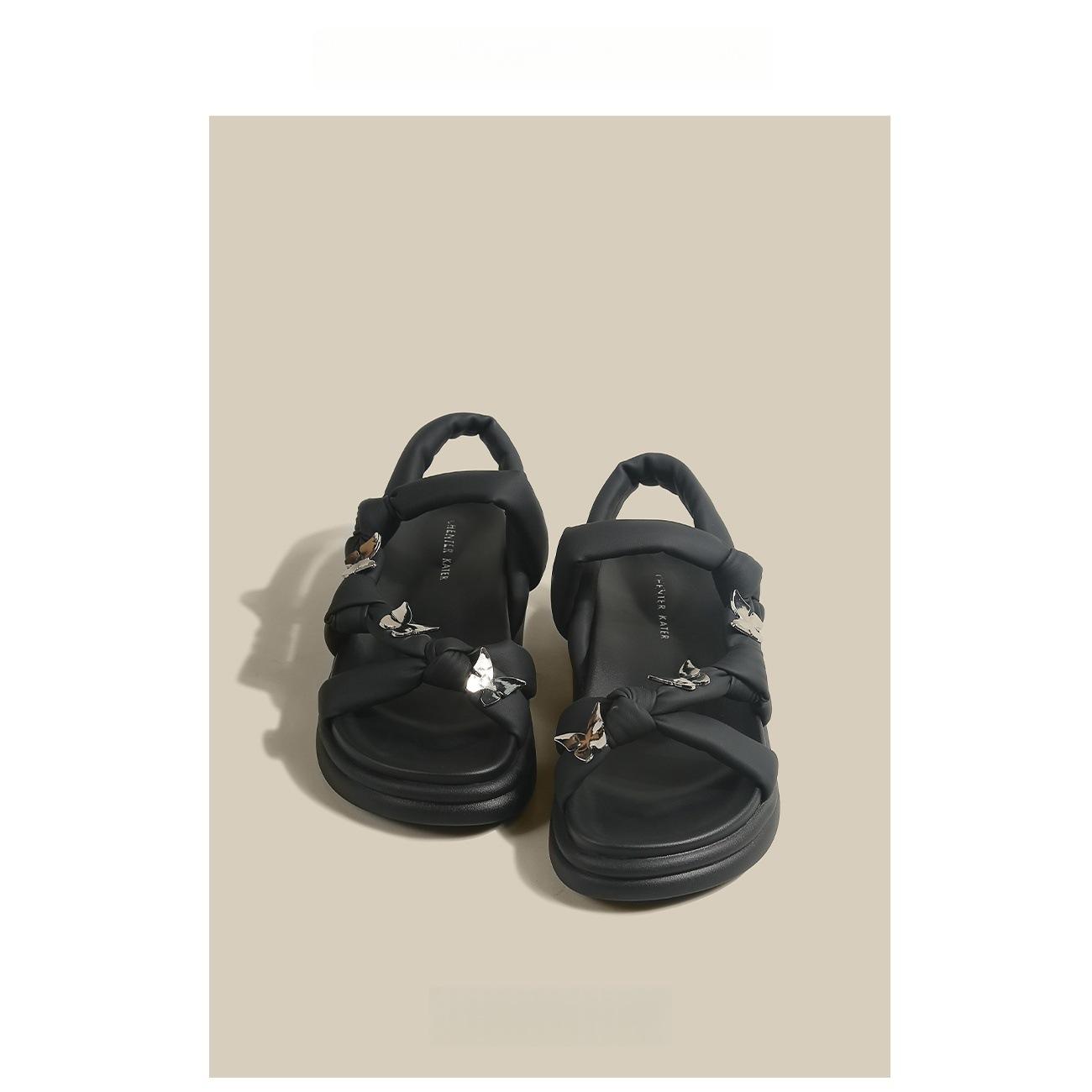 

Soft leather version~ cool slippers 2025 summer new outer wear butterfly platform versatile casual two wear Roman sandals women 35 чёрный