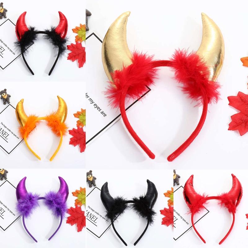 Halloween Feather Decor Ox Horn Shape Glitter Headband Movie Demon Evil Devil Horn Hair Hoop Gothic Cosplay Party Costume