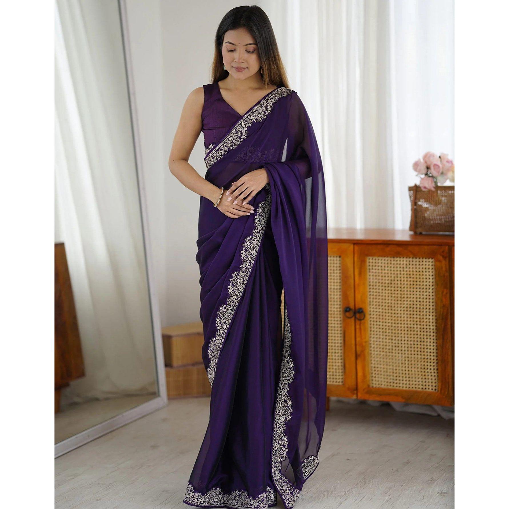 New Launch – Elegant Rangoli Embroidery Party Wear Saree with Lace Border | Royal Purple Edition