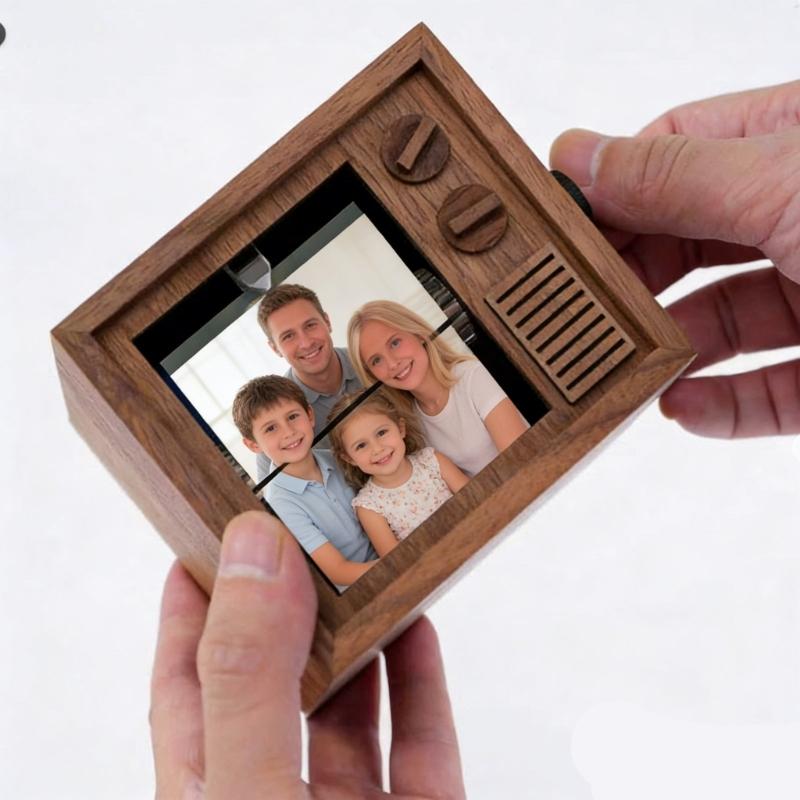 Portable Wooden Hand Cranked Music Box Featuring 16 Photo Rotation and Glowing Light for Wedding Event