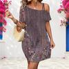 Women Plus Size One Shoulder Strappy Short Sleeve Black White Printed Loose Dress
