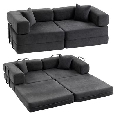 2-Seater Sofa Bed Foldable Upholstered In Chenille with Thick Padding Wide Armrests 2 Pillows Dark Gray