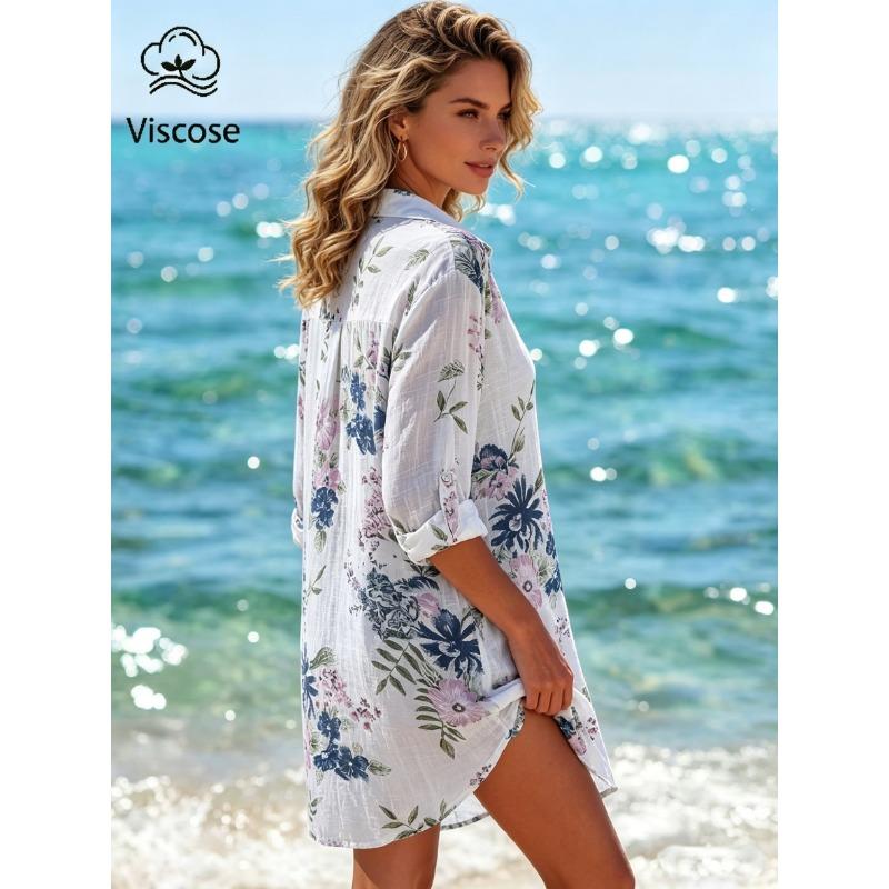 Medium-length Fashion Printed Top, Breathable Lightweight Shawl Cardigan, Long-sleeve Loose Cover-up, Beach Jacket