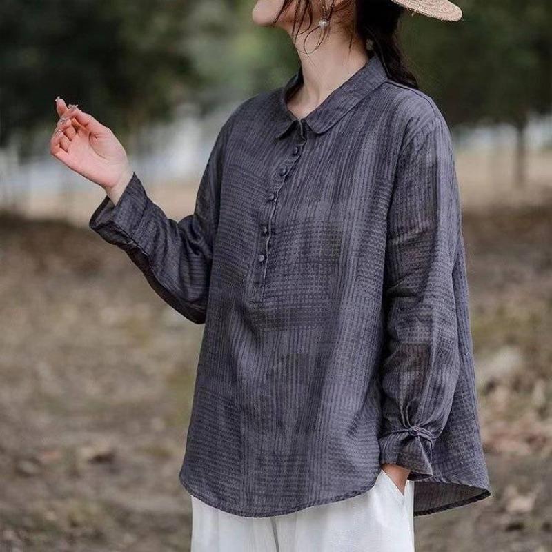 

Футболка весна-лето из пряжи, сотканной из чистого рами, с кукольным воротником, с длинными рукавами спереди, с короткой спинкой, с длинными рукавами, универсальные рубашки 5XL