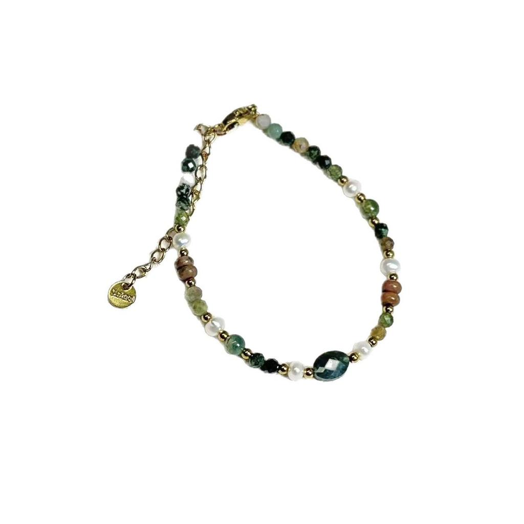 Ethnic Lapis Lazuli & Freshwater Pearl Bracelet with Dunhuang Yolk Stone, Agate, and Red Beads in Titanium Steel.