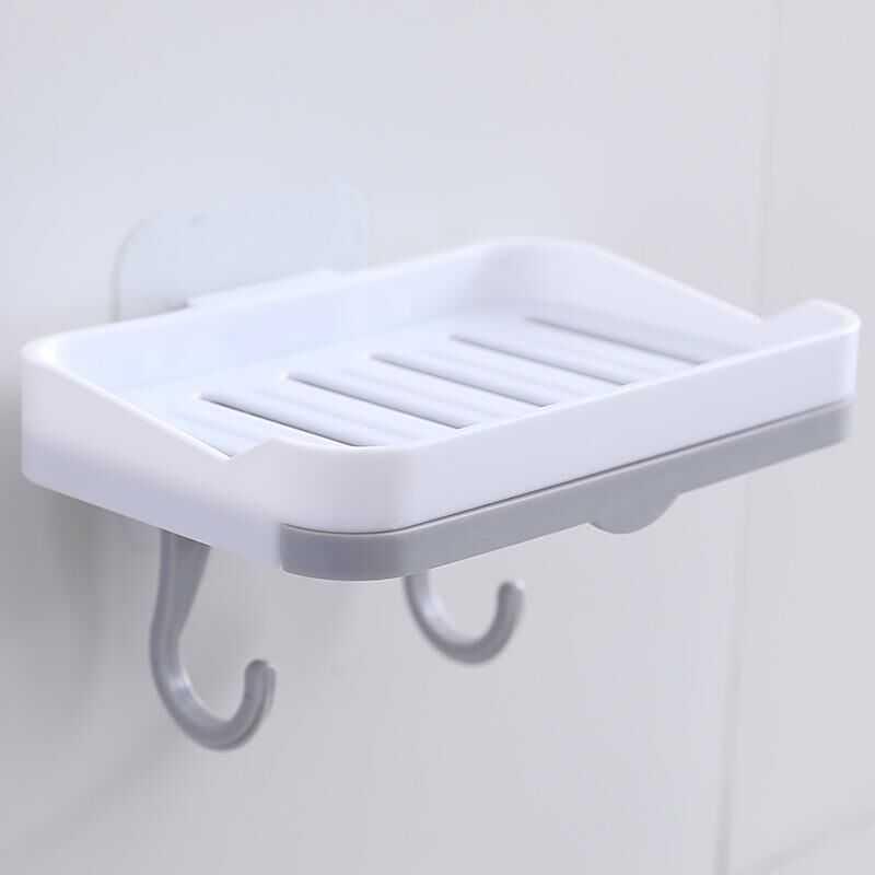 Punch-Free Wall-Mounted Soap Dish Rack with Hooks and Draining Shelf