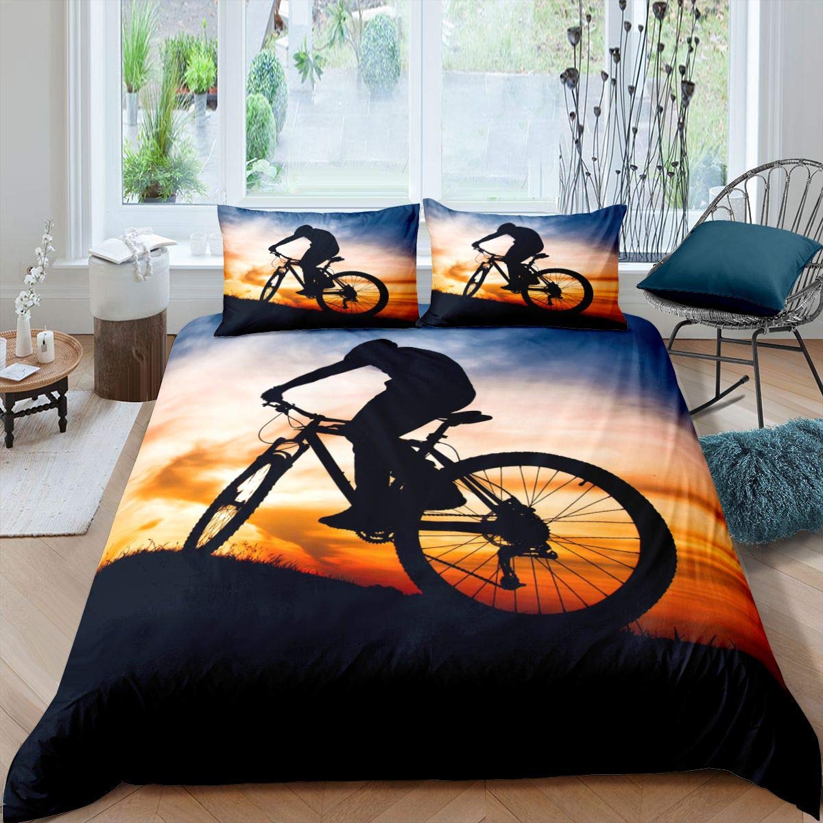 Filtration Facilities Unisex Bicycle Rider Soft Duvet Cover Todler Sized Dimensions For Children Kids,Mountain Bike Beding Set For Tens Adult Peoples,Watercolor Comfortable Quilt