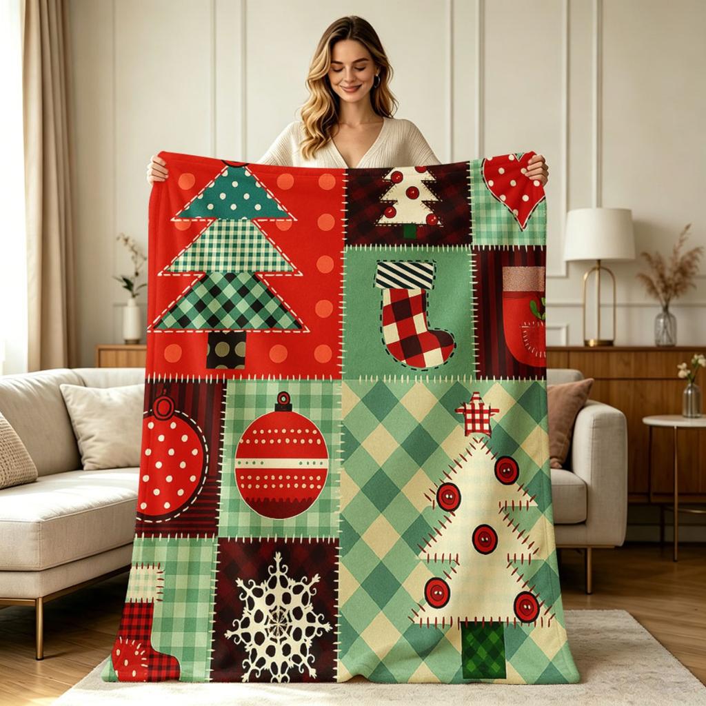 Soft Flannel Christmas Patchwork Print Blanket Warm Cozy All Season Blanket for Sofa Couch Bedroom Living Room Office Home Decorative Throw Blanket