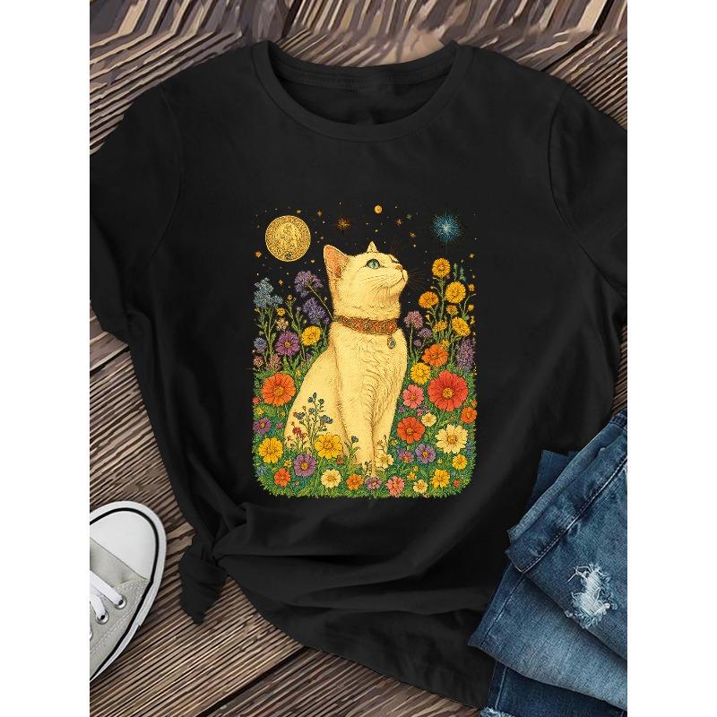 Women's Round Neck Short Sleeve T-Shirt Floral Fantasy Cat Print Casual Multiple Colors Spring Summer Essential Top