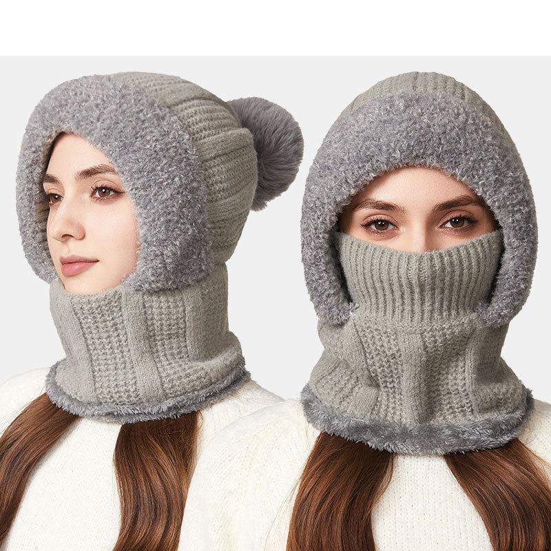 One-Piece Knitted Hat Women's Autumn Winter Thick Hat Scarf Mask One-Piece Wool Hat Cycling Windproof Warm Hat