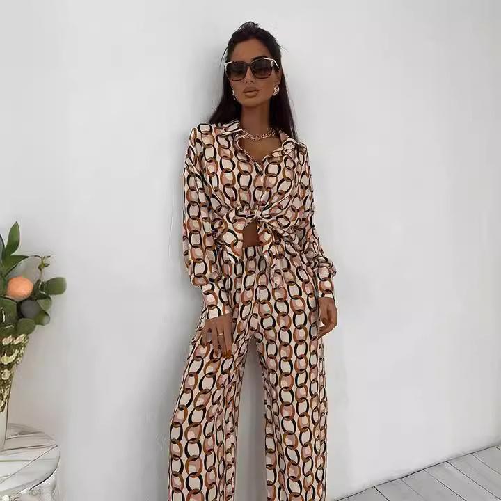 United States have entered new suits, fashionable printed loose long-sleeved shirts + straight pants, spring and autumn women's clothing, four seasons