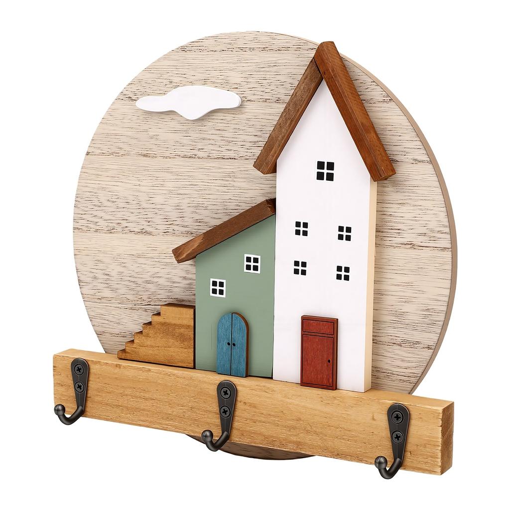 Wall Mounted Key Holder 3 Metal Hooks Round Wooden Key Holder for Entrances Corridors Bedrooms Living Rooms
