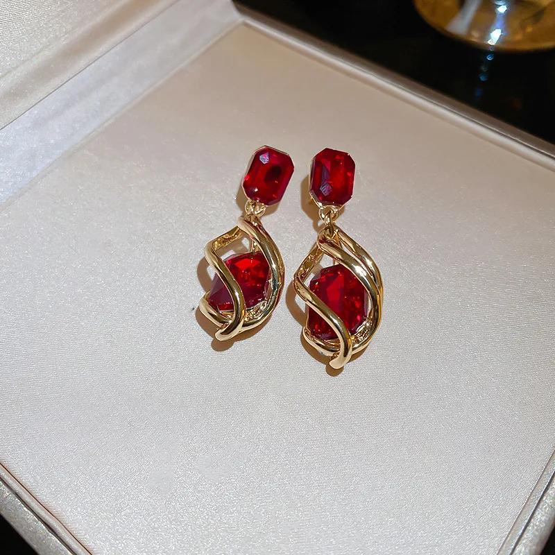 Korean Emerald Crystal Dangle Earrings for Women Trendy Gold Hollow Stud Earring Birthday Gifts Pendientes