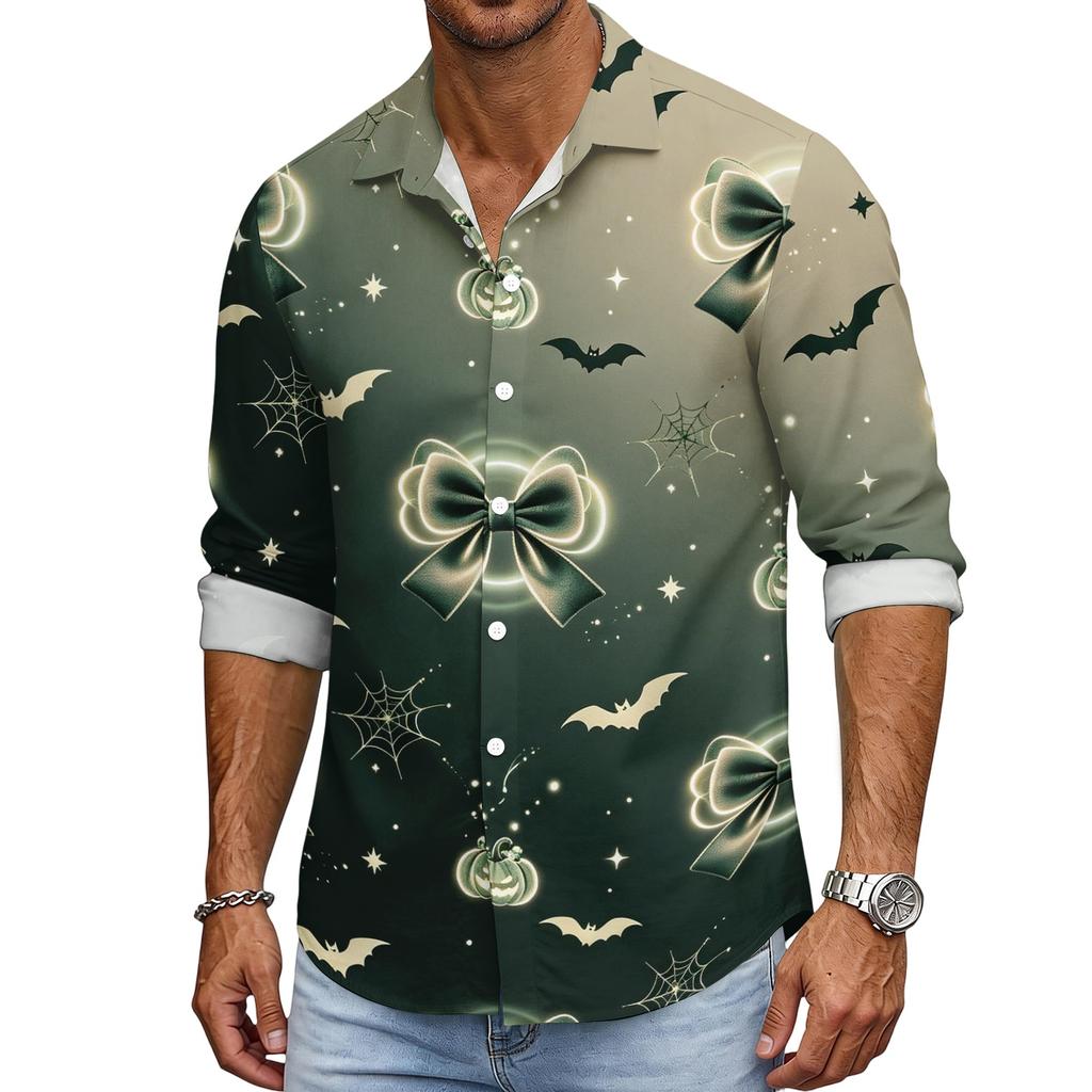 Men's Loose Fit Long Sleeve Shirt with Turn Down Collar Halloween Theme Vintage Casual Button Down Shirt for Spring Autumn Outdoor Daily Wear