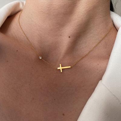 Zarte Petite Seitenkreuz Halsketten Anhänger Damen Edelstahl Dünne Kette Glied Christian