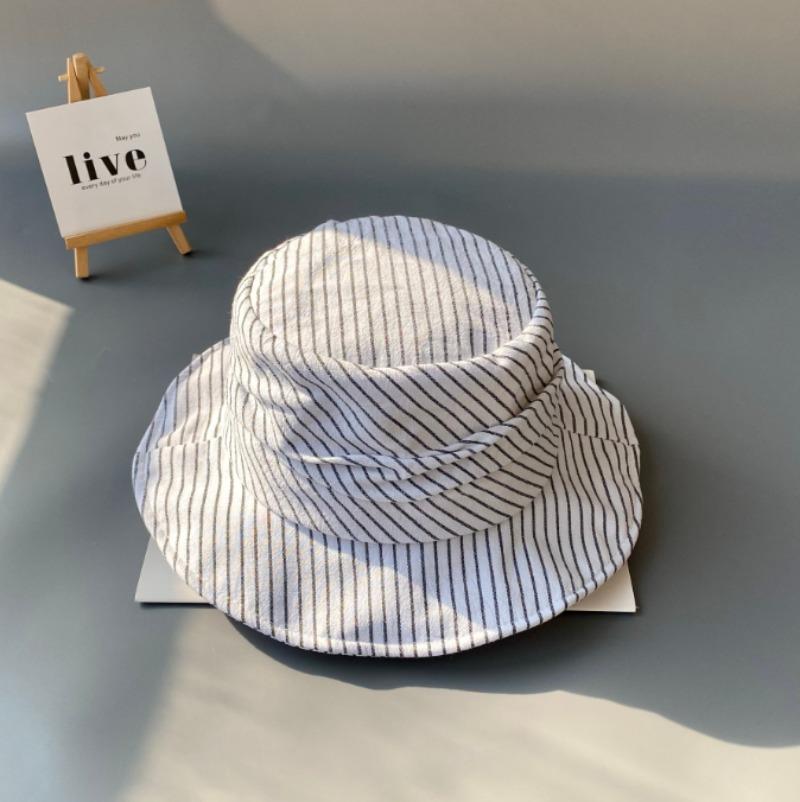 Japanese Wind Striped Pleated Bucket Hat Spring Summer Design Sense Niche Plaid Cotton Linen Breathable Sunscreen Basin Sun Hat