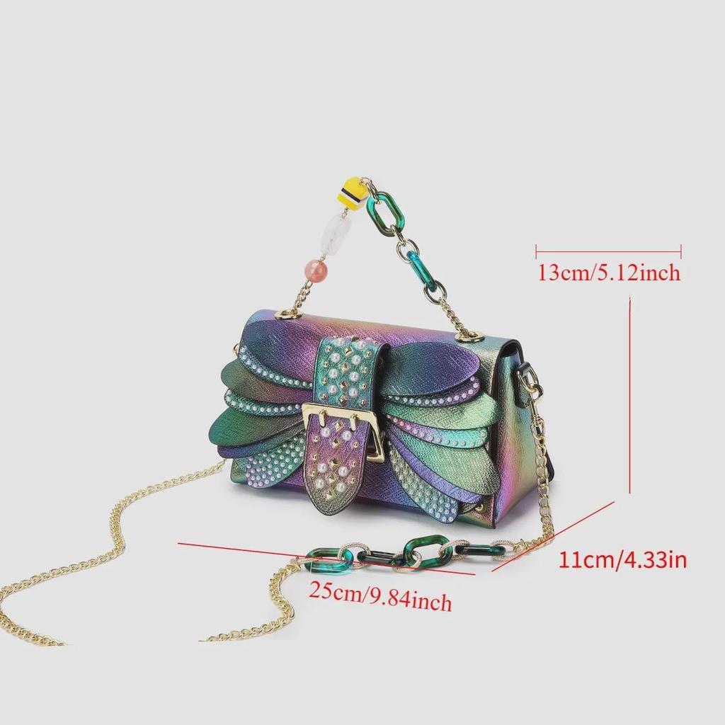 2024 Gradient Pearl Bag: Colorful Rivet, Dragonfly Wing Style, Leather Chain Shoulder and Evening Handbag