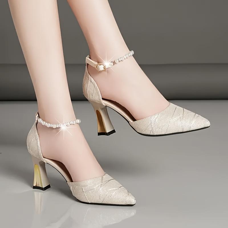 Elegant Faux Pearl Women's High Heels, Point Toe Dress Pumps with Fashion Buckle Strap