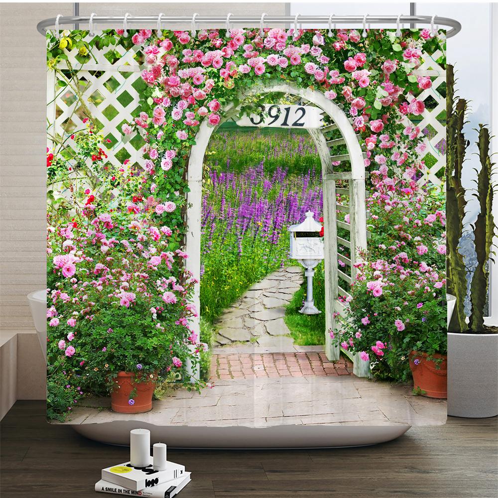 Rural Idyllic Flowers European Garden Shower Curtain Bathroom Waterproof 3d Printed Bath Curtains With 12 Hooks Polyester Cloth