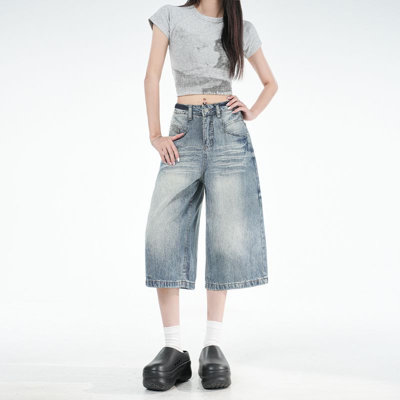 Trendy Summer Fresh Light Blue Loose Wide Leg Cropped Capri Denim Pants For Women Versatile Loose Straight Slimming Daily Wear