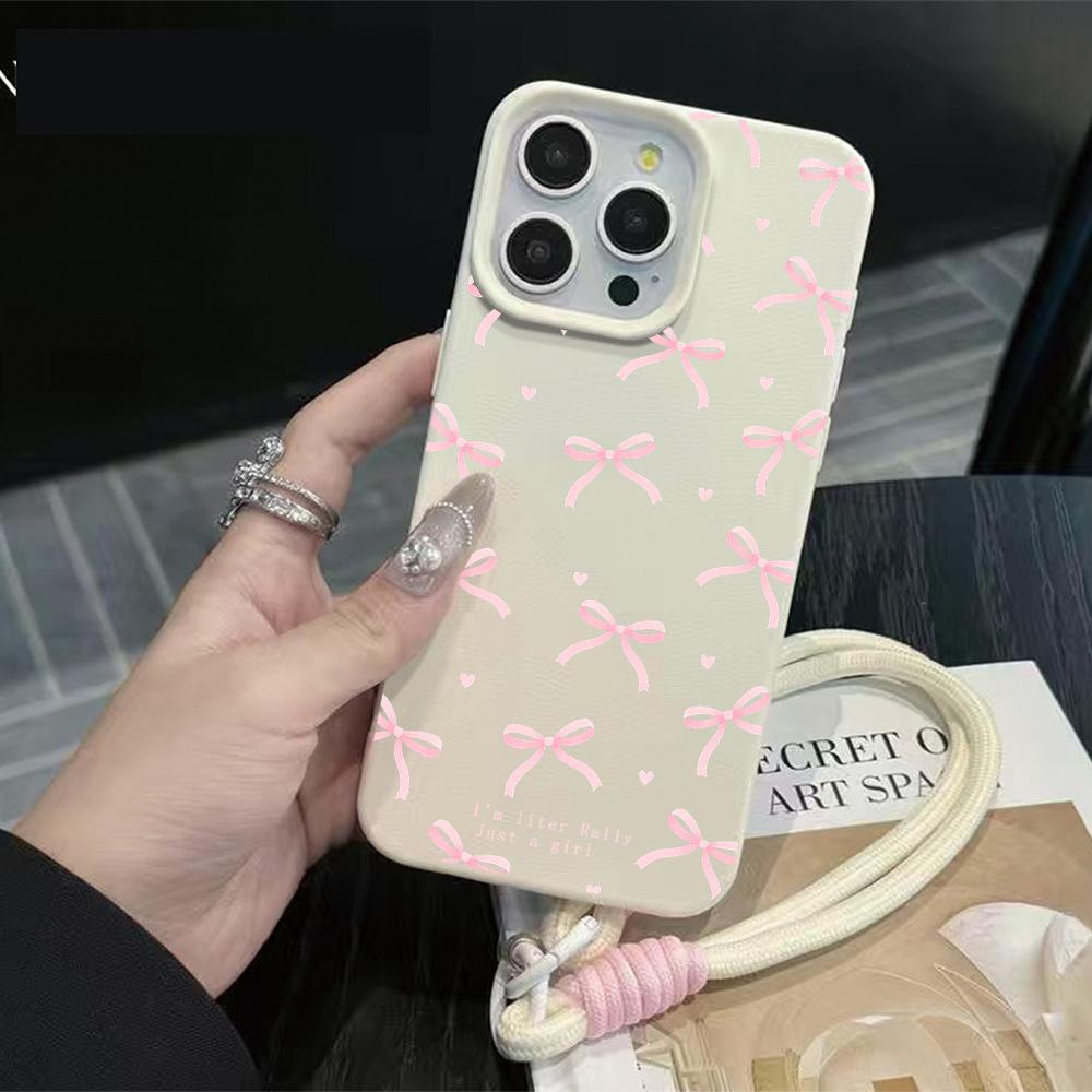 Luxury INS Pink Bow Soft Phone Chain Lanyard Case For iPhone 17 16 15 14 13 12 Pro Max 11 Plus Shockproof Lichee Pattern Covers