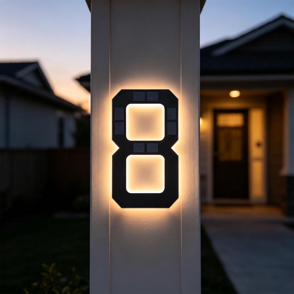LED Solar House Number Light, IP44 Waterproof Outdoor Glowing Address Signs, Illuminated Address Plaque for Home Hotel Office