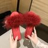 Summer Flat Bottom Furry Slippers Female Fashion Low Heel Sandal Drag Feather One Word Drag