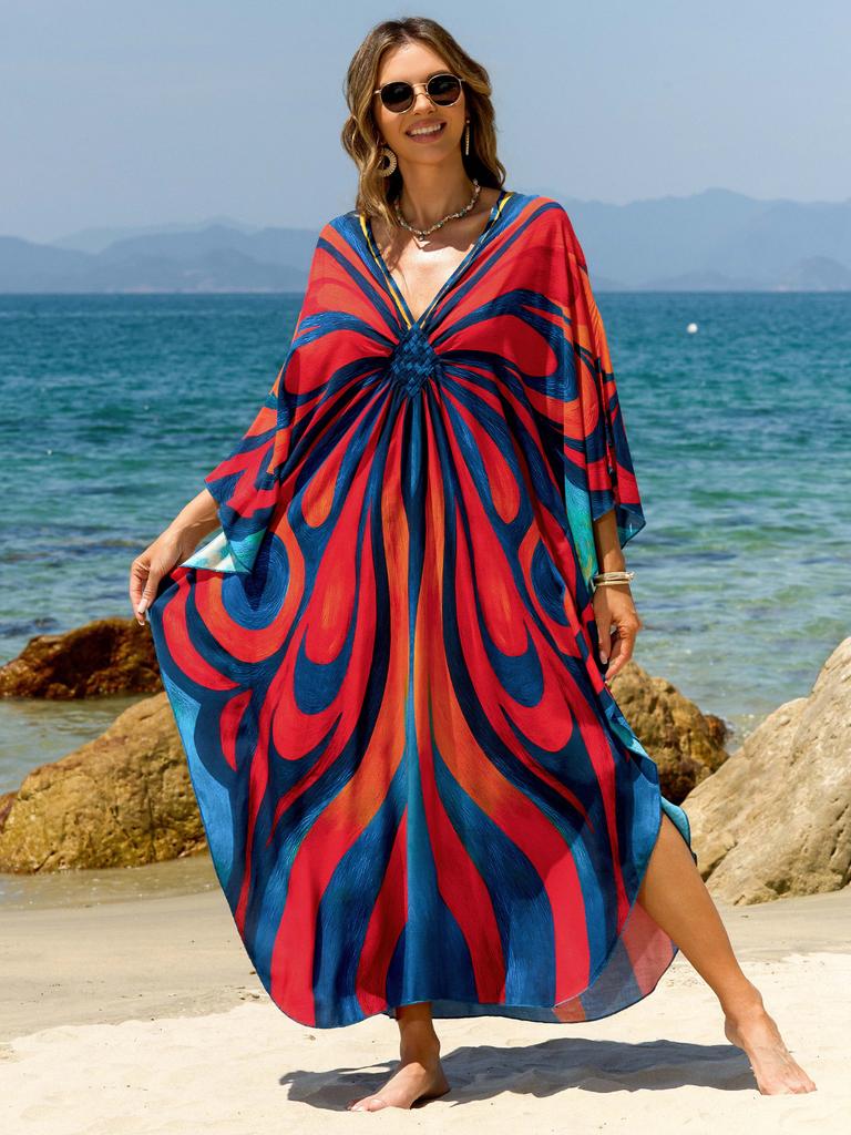 Beach Kaftans for Women Butterfly Printed Plus Size Cover Ups for Swimwear Maxi Dresses Summer Holiday Bathing Suits