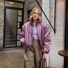 Trendy Purple Satin Bomber Jacket with Stand Collar – Short Cropped Zip-Up Coat for Women Warm Winter Outwear