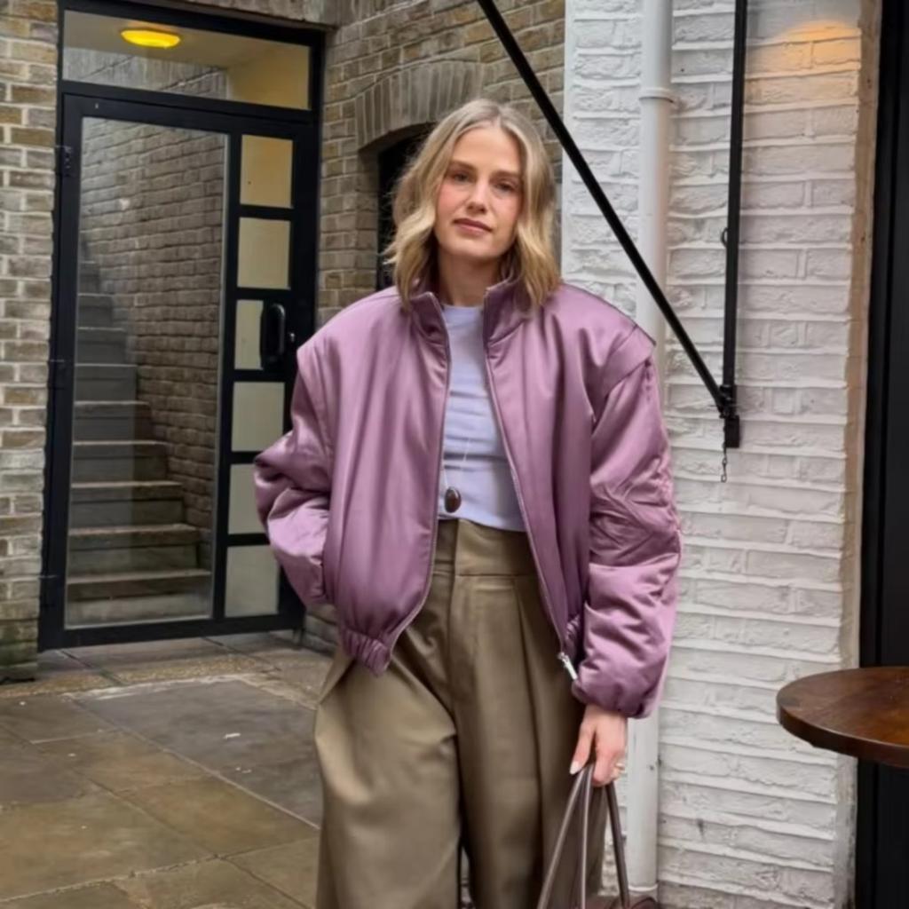 Trendy Purple Satin Bomber Jacket with Stand Collar – Short Cropped Zip-Up Coat for Women Warm Winter Outwear