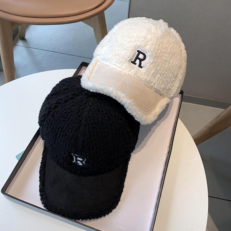 Korean Style Hat for Women In Autumn and Winter R Letter Embroidered Baseball Cap Thickened Plush Warmth Fashionable and Versatile Baseball Cap