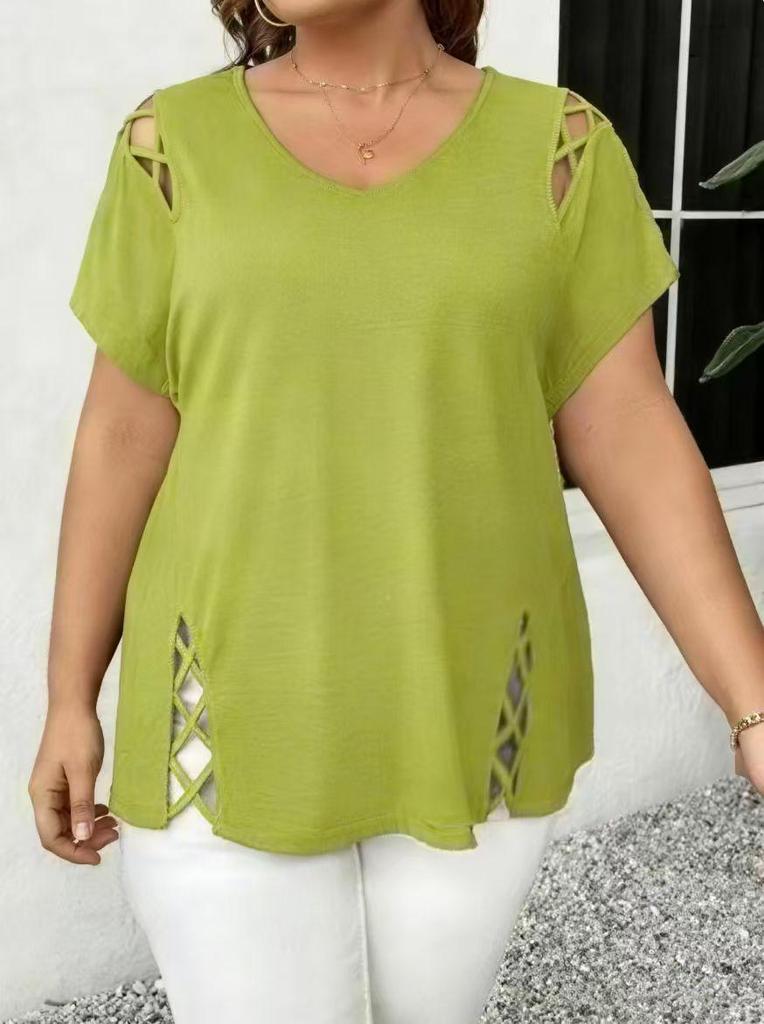 2026 Plus Size V-Neck Criss-Cross Strap Short-Sleeved Women's T-Shirt