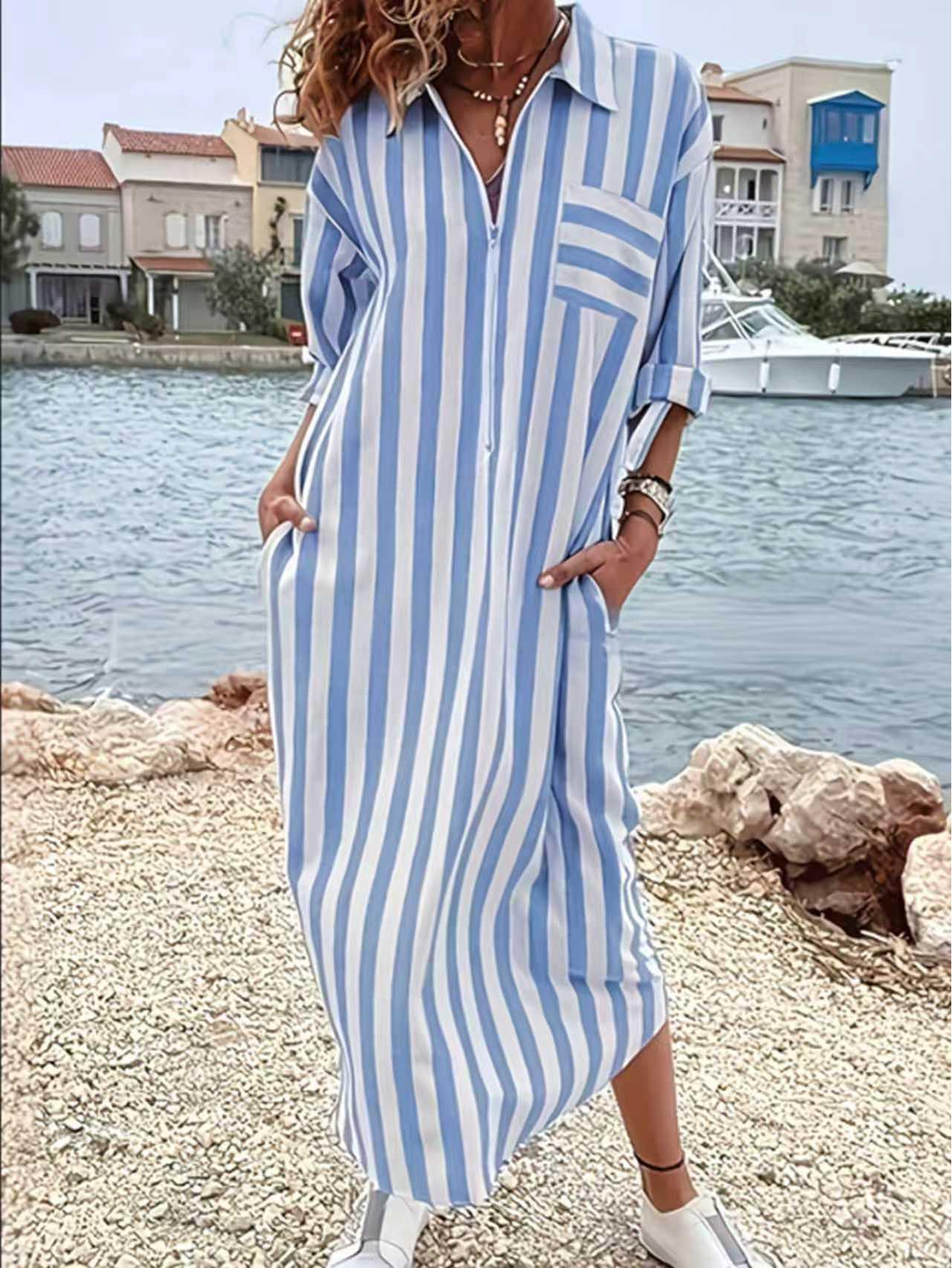 

Модная элегантная полосатая рубашка с длинным рукавом и карманами 2025 XL синий