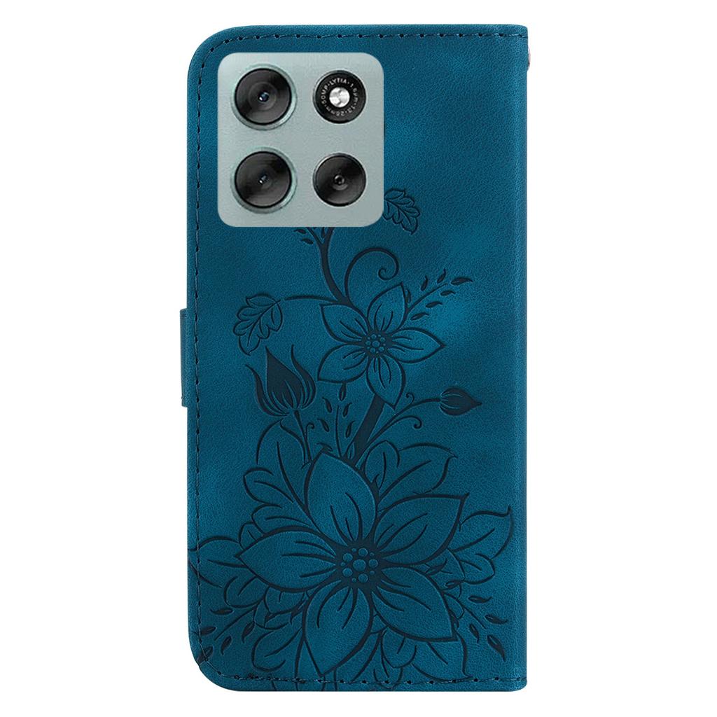 For Motorola Moto G56 5G Stand Case Lily Flower Imprint Leather Phone Cover with Wrist Strap