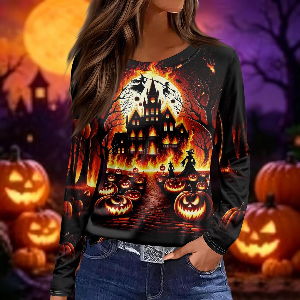 Women's Long Sleeve Neck Halloween Printed Top